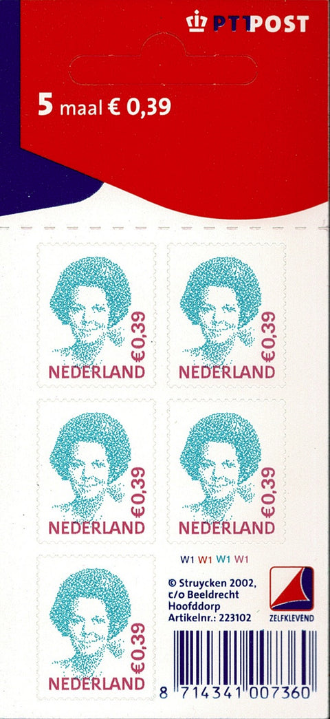 2037V Beatrixzegel, Blauwgroen/Karmijn 0.39 Vel Nederland 2002