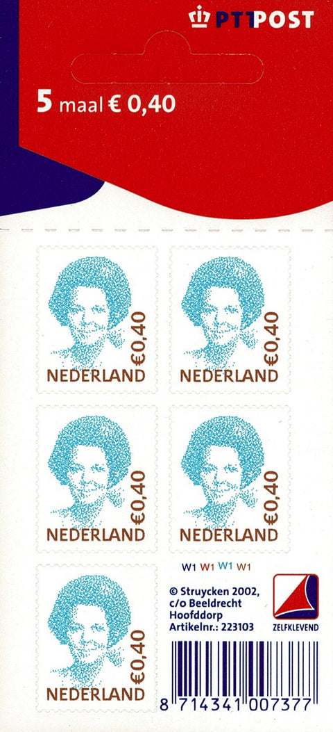 2038V Beatrixzegel, Cyaanblauw/Oranjebruin 0,40 Vel Nederland 2002