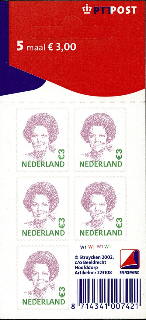 2043V Beatrixzegel, Lila/Mosgroen 3 Vel Nederland 2002