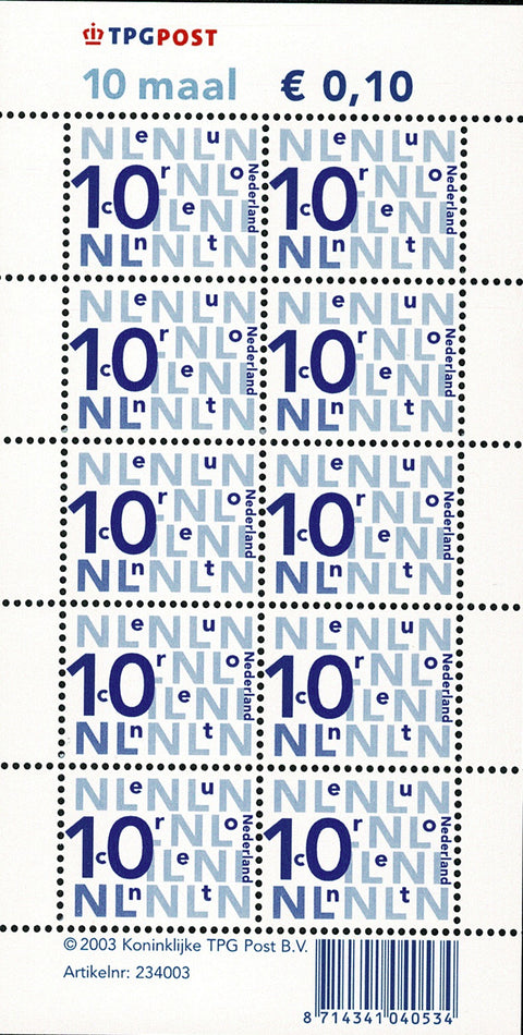 2135abV Bijplakzegel Vel 10 cent Nederland 2003