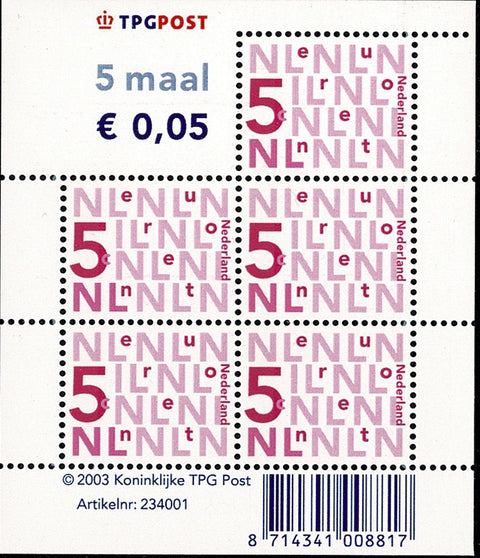 2136bV Bijplakzegel Vel 5 cent Nederland 2003